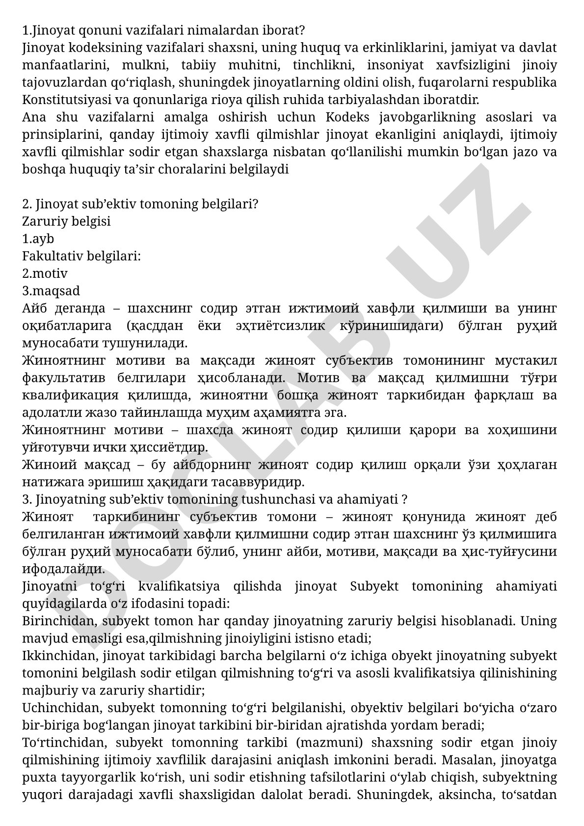 Jinoyat qonuni vazifalari va jinoyat subyektiv tomoni belgilari