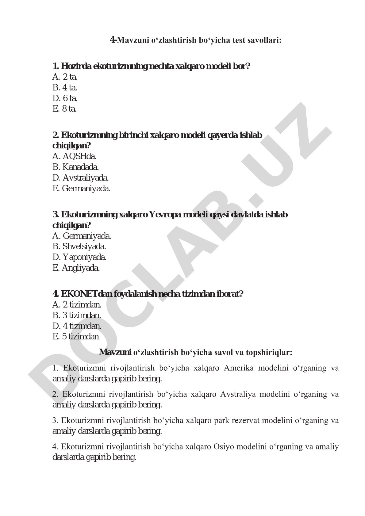 Ekoturizmning xalqaro modellari bo'yicha test savollari