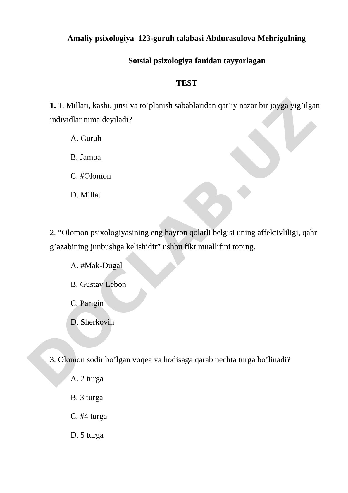 Sotsial psixologiya fanidan test savollari