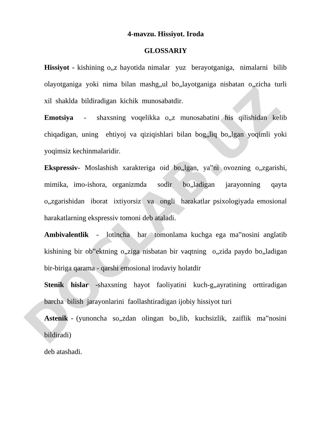 Hissiyot va iroda glossariy