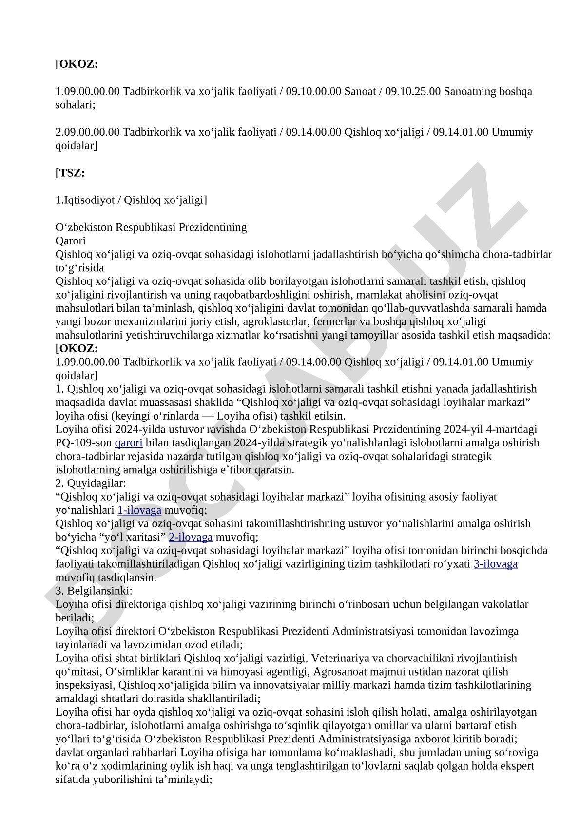Qishloq xo‘jaligi va oziq-ovqat sohasidagi islohotlarni jadallashtirish bo‘yicha qo‘shimcha chora-tadbirlar to‘g‘risida