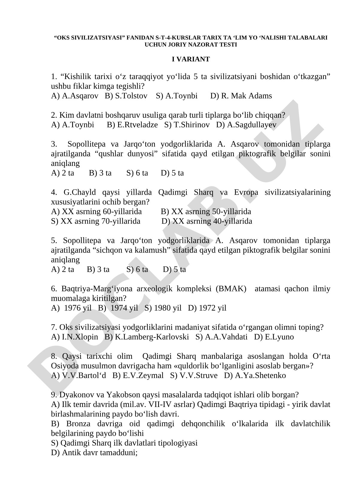 Oks sivilizatsiyasi fanidan joriy nazorat testi I variant