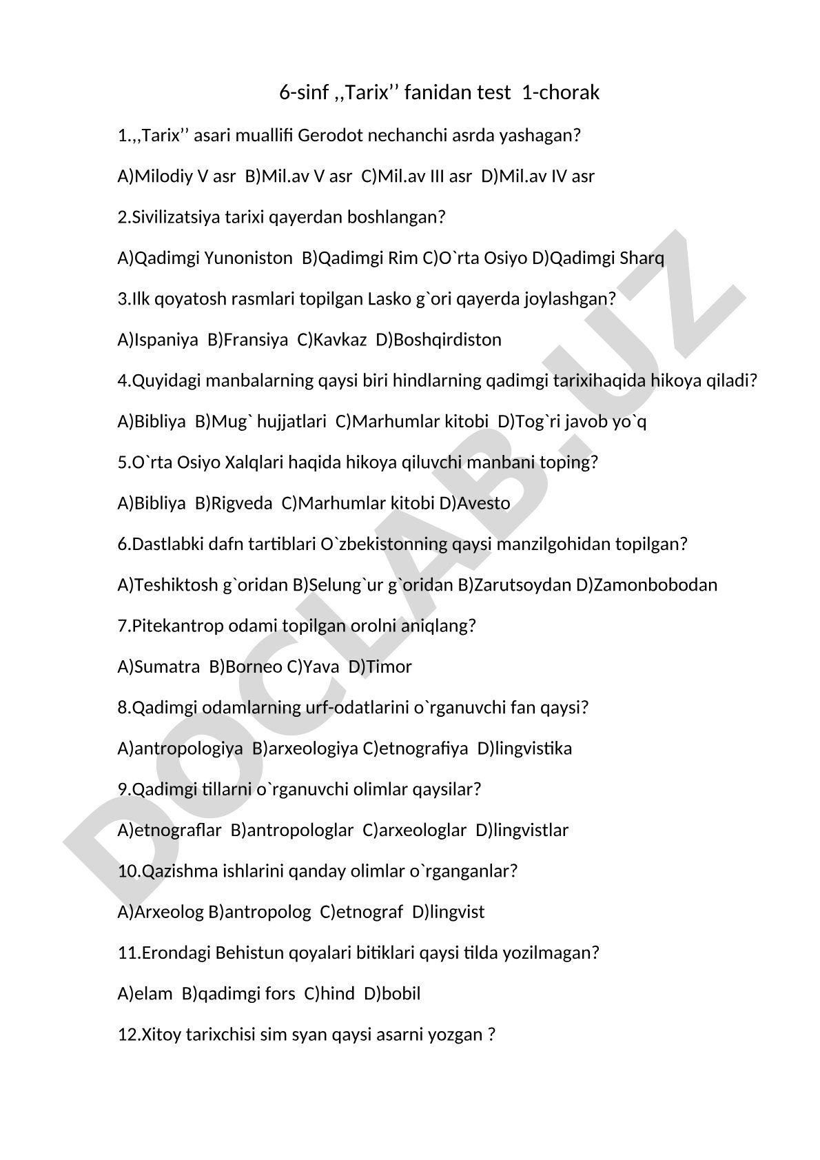 6-sinf Tarix fanidan test 1-chorak