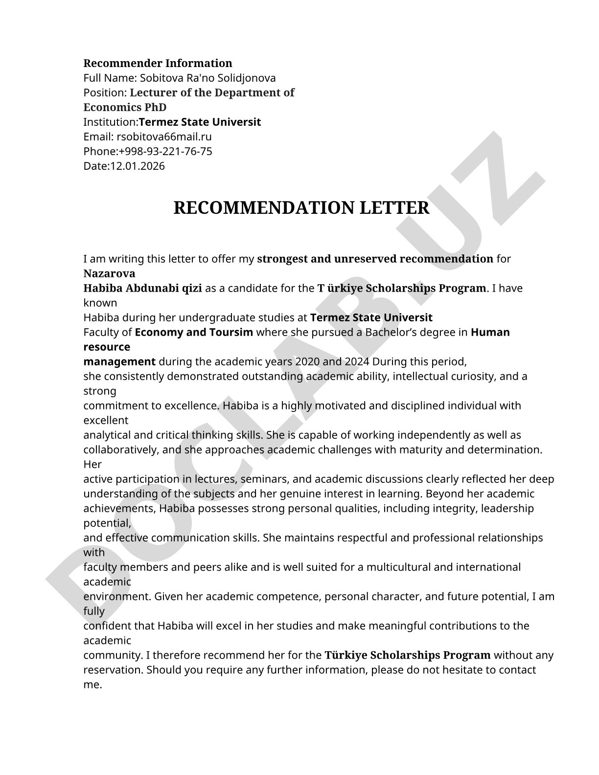 Recommendation Letter for Nazarova Habiba Abdunabi qizi