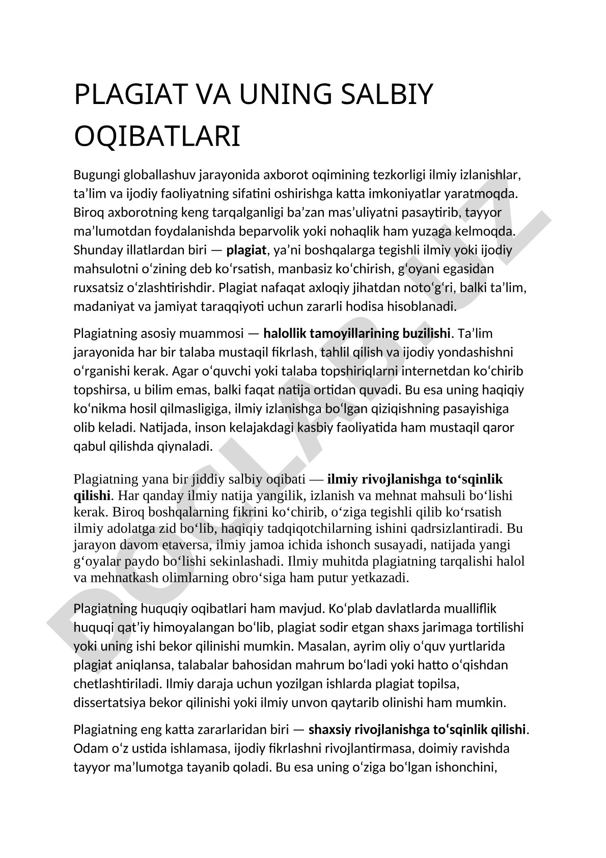 Plagiat va uning salbiy oqibatlari