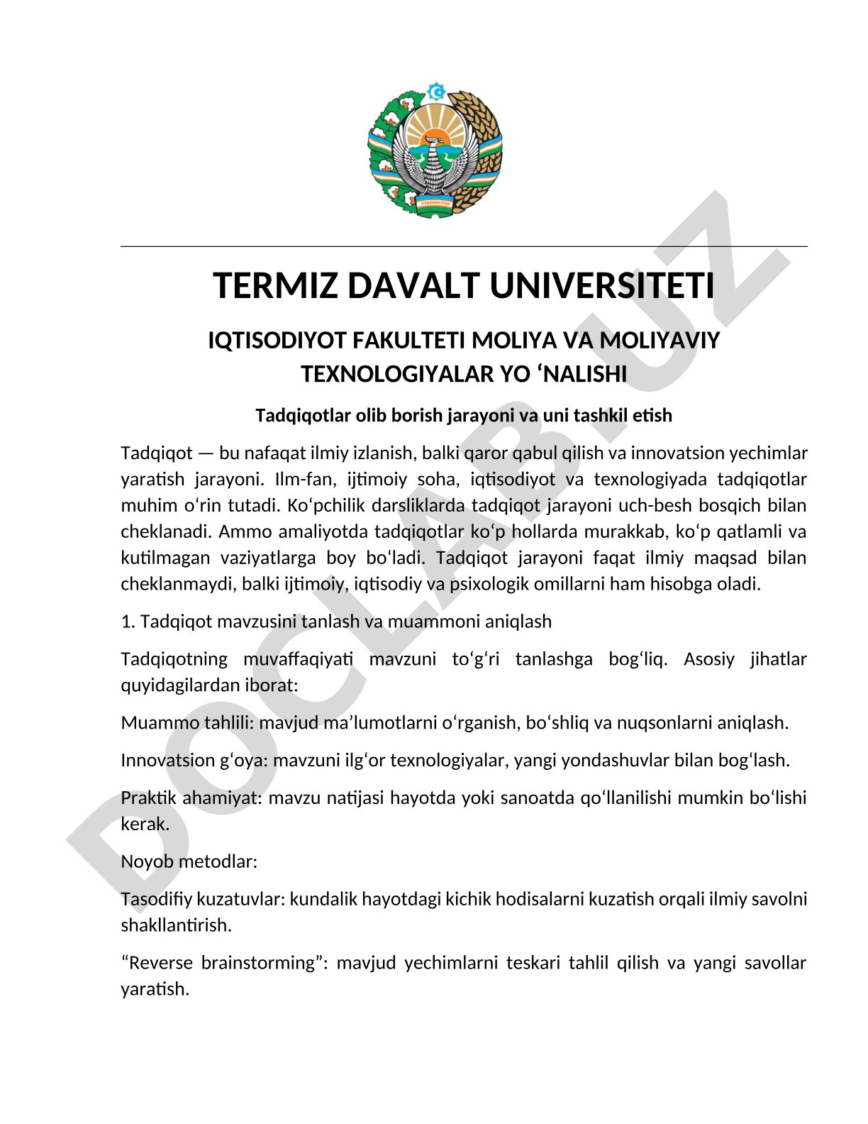 Tadqiqotlar olib borish jarayoni va uni tashkil etish