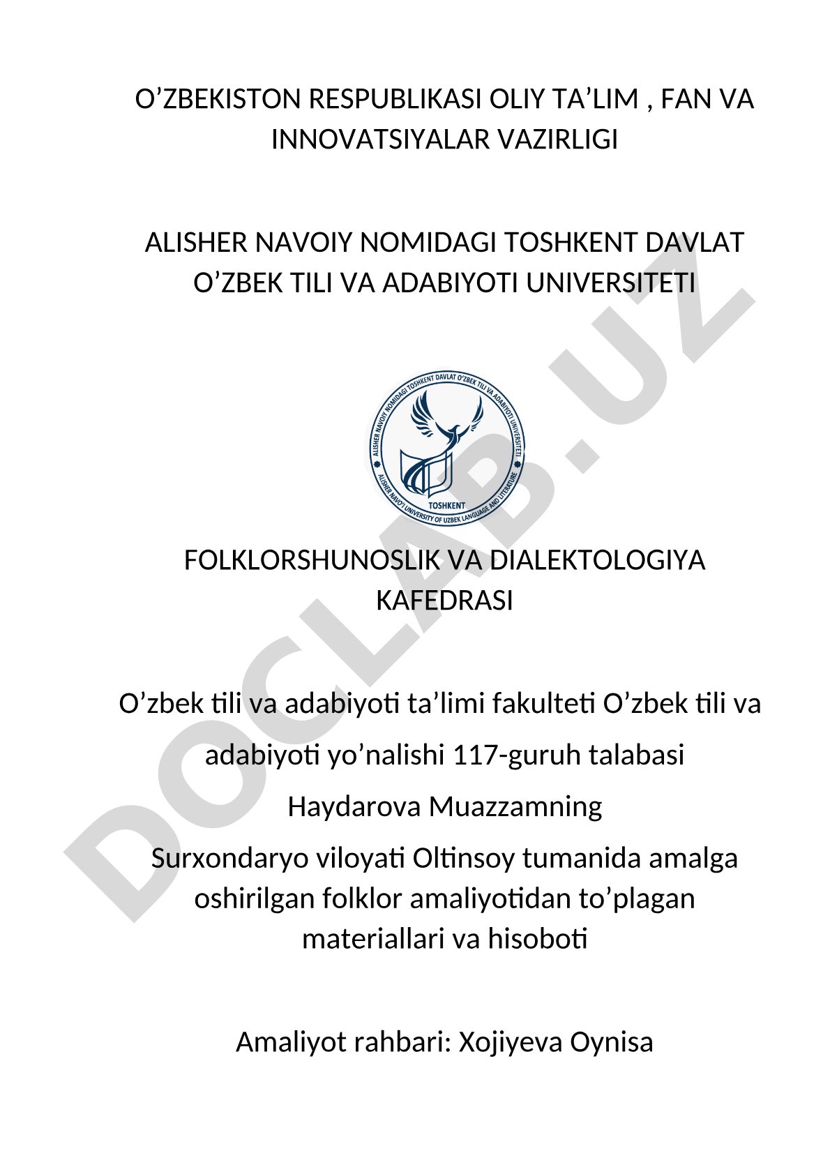 Surxondaryo viloyati Oltinsoy tumanida folklor amaliyoti materiallari va hisoboti