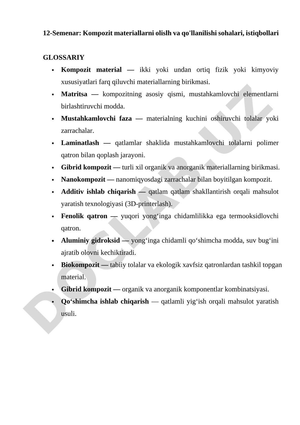 Kompozit materiallarni olish va qo'llanilishi sohalari, istiqbollari