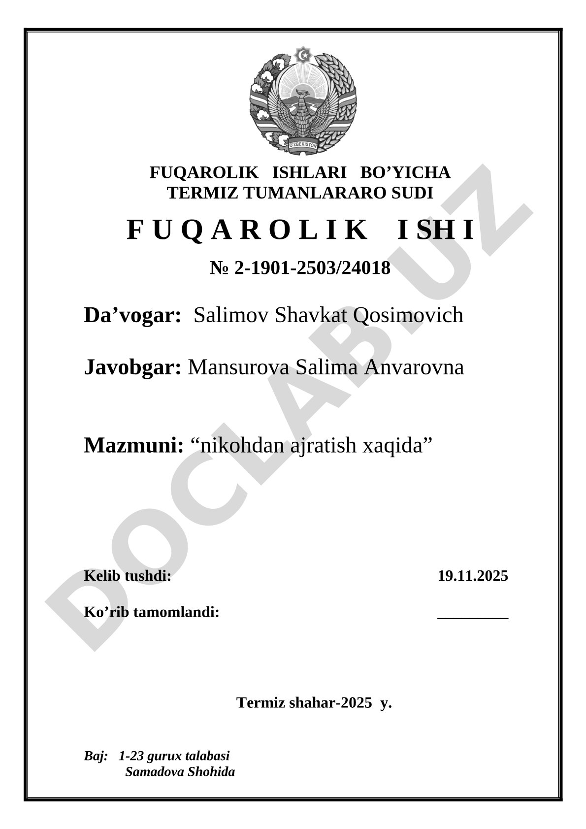 Nikohdan ajratish haqida da'vo arizasi