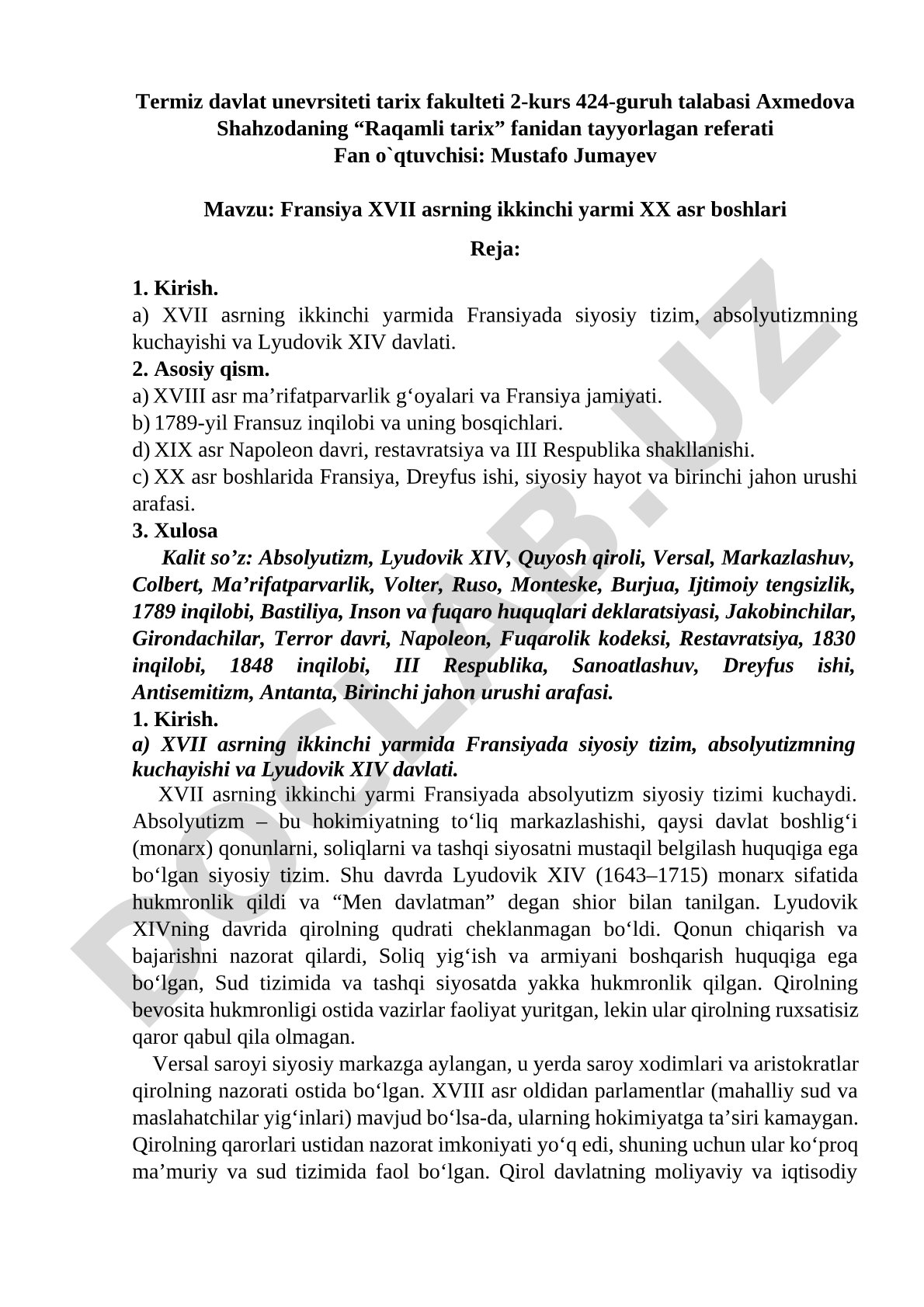 Fransiya XVII asrning ikkinchi yarmi XX asr boshlari
