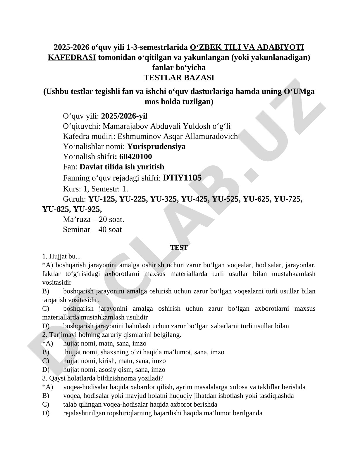 Davlat tilida ish yuritish fanidan testlar bazasi