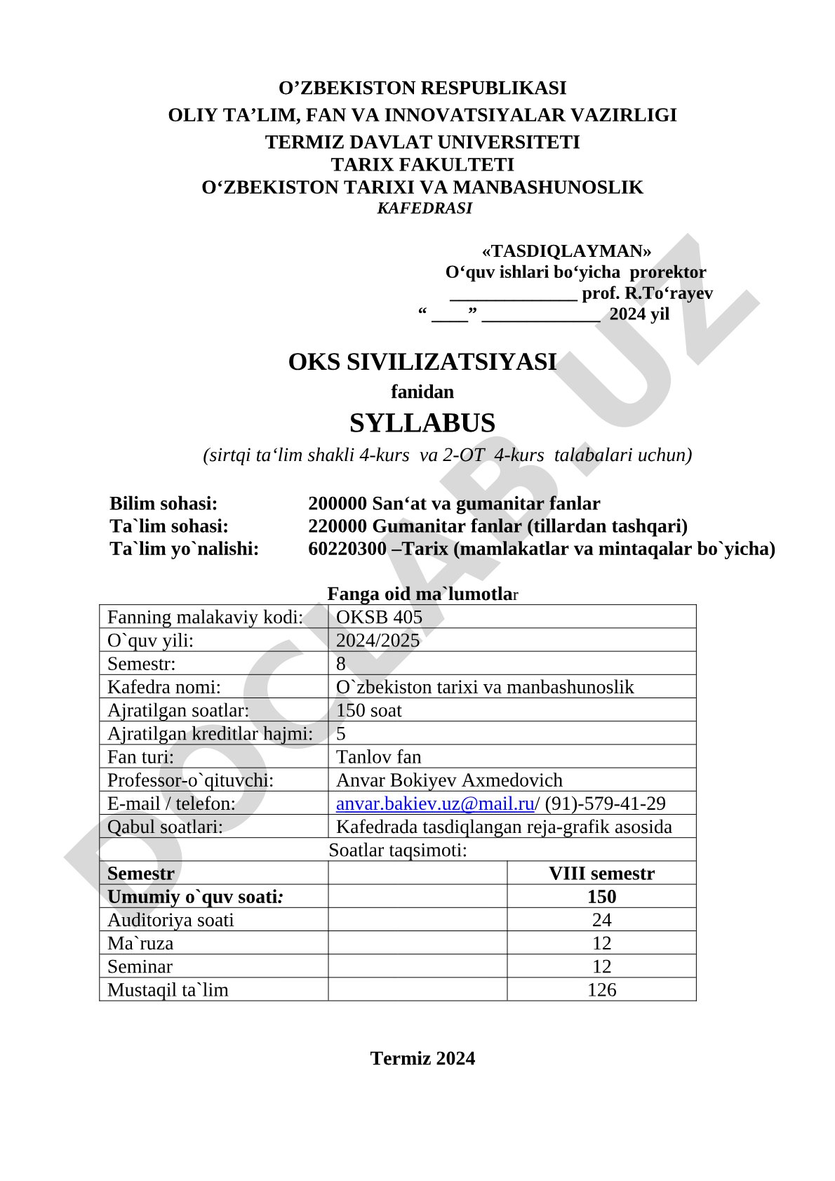 OKS sivilizatsiyasi fanidan syllabus