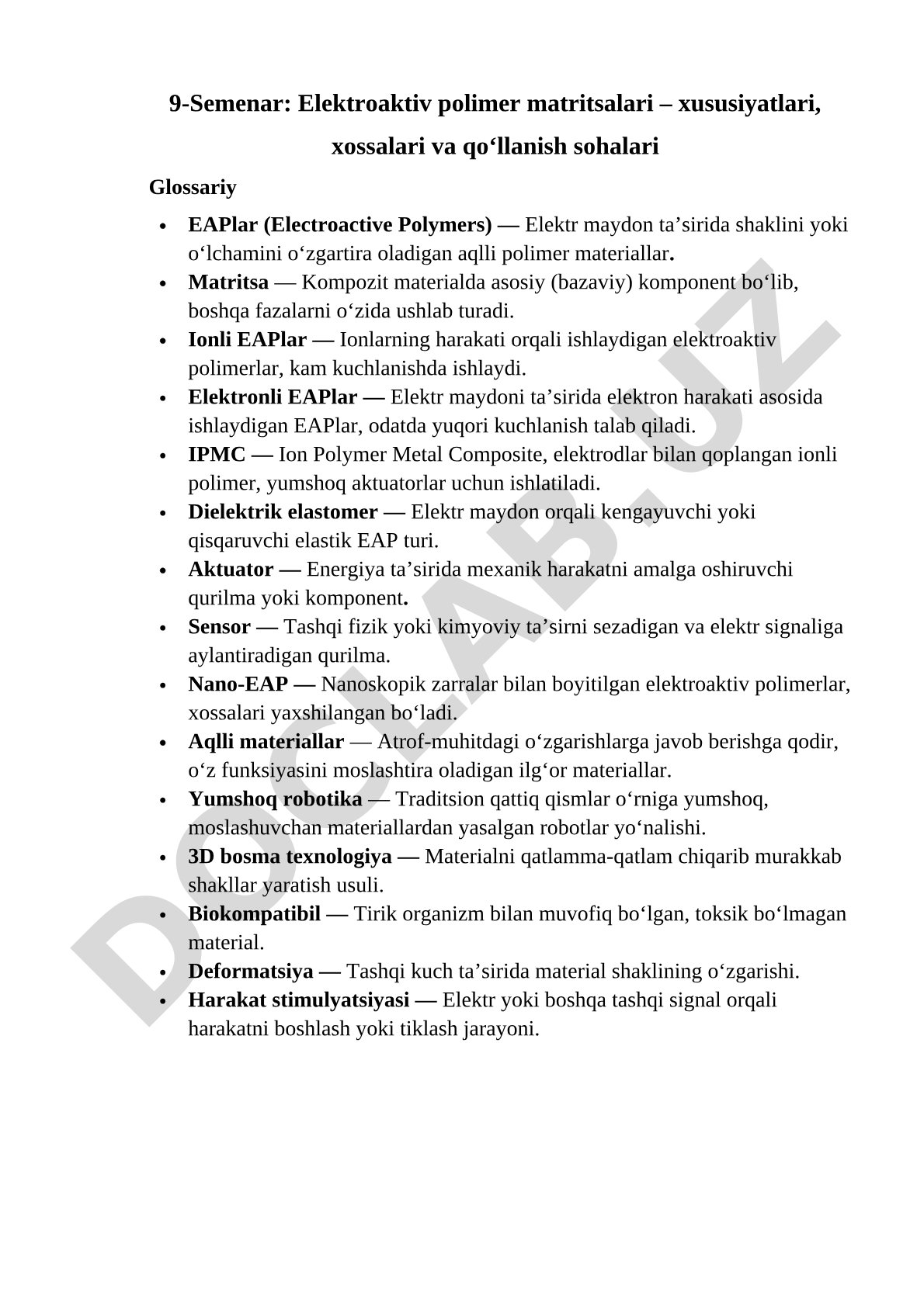 Elektroaktiv polimer matritsalari – xususiyatlari, xossalari va qo‘llanish sohalari