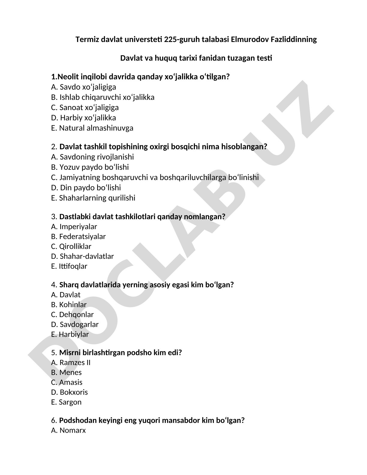 Davlat va huquq tarixi fanidan test