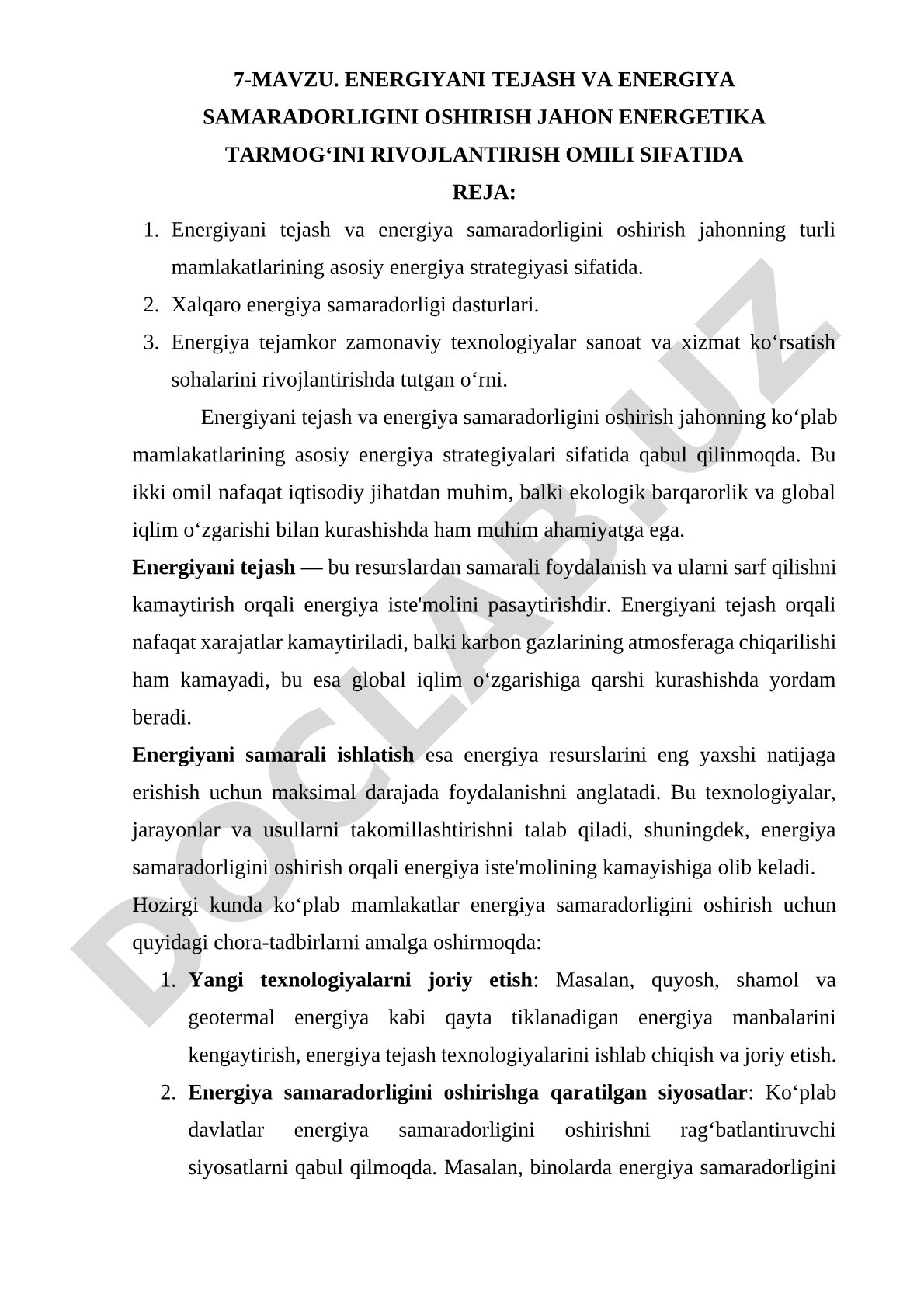 Energiyani tejash va energiya samaradorligini oshirish jahon energetika tarmog'ini rivojlantirish omili sifatida