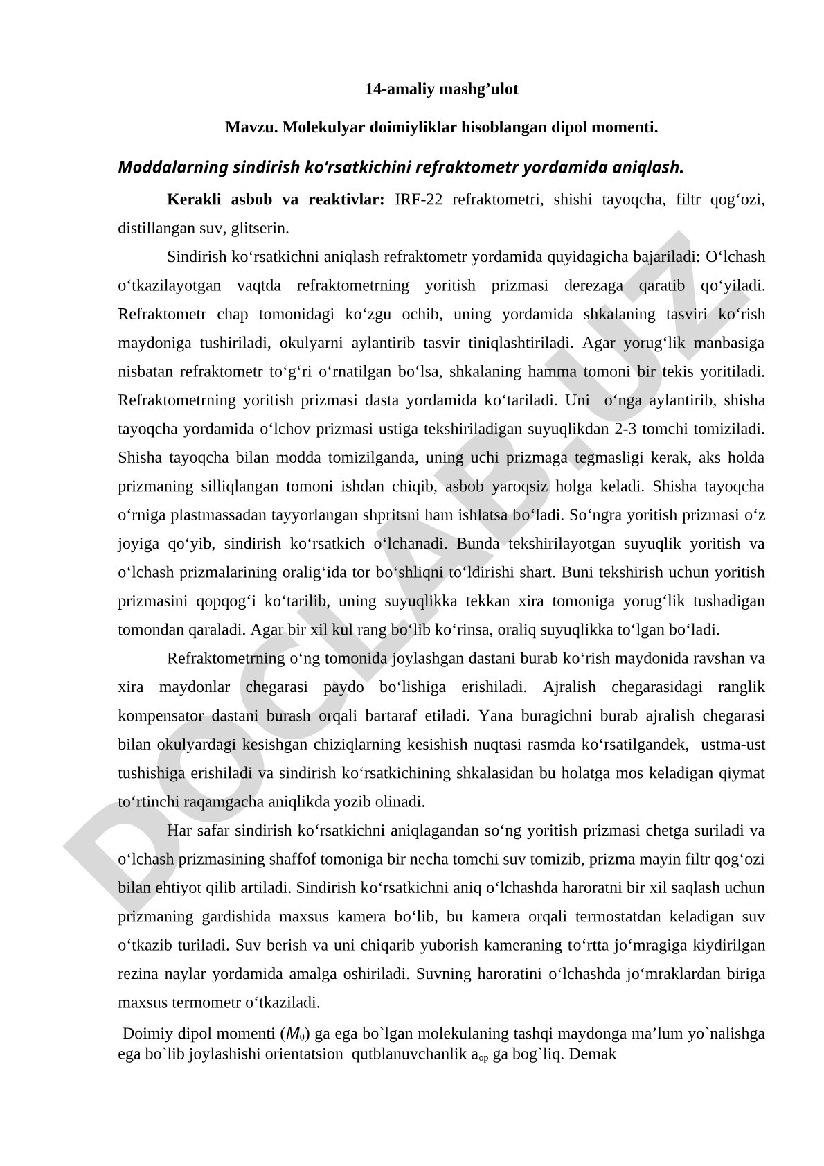 Molekulyar doimiyliklar hisoblangan dipol momenti. Moddalarning sindirish ko'rsatkichini refraktometr yordamida aniqlash