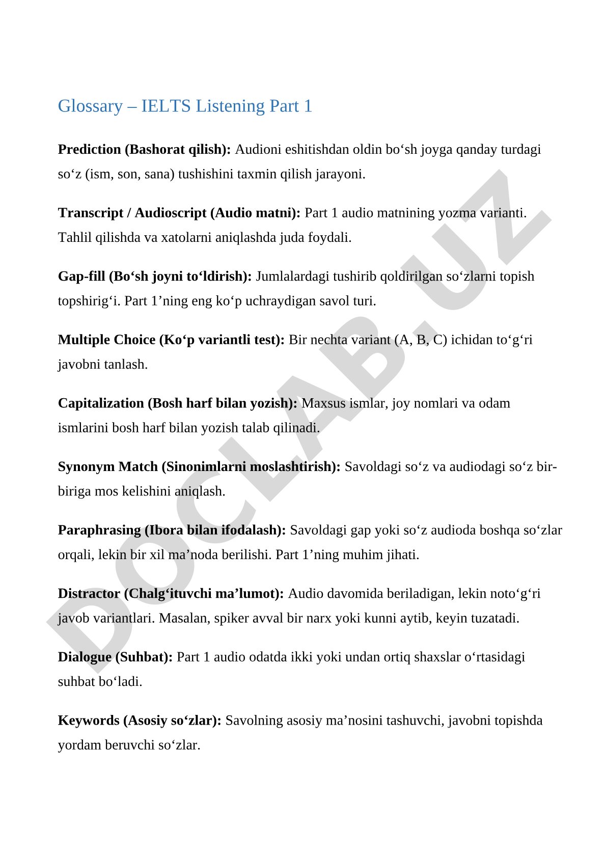 IELTS Listening Part 1 Glossary