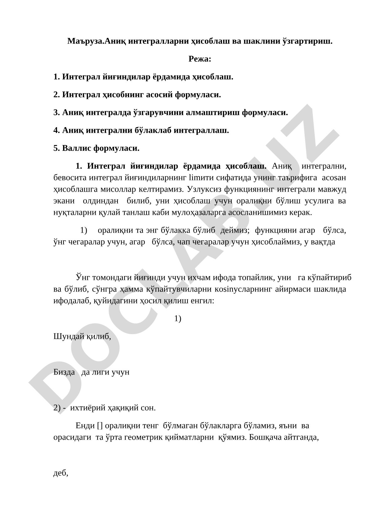 Aniq integrallarni hisoblash va shaklini o'zgartirish