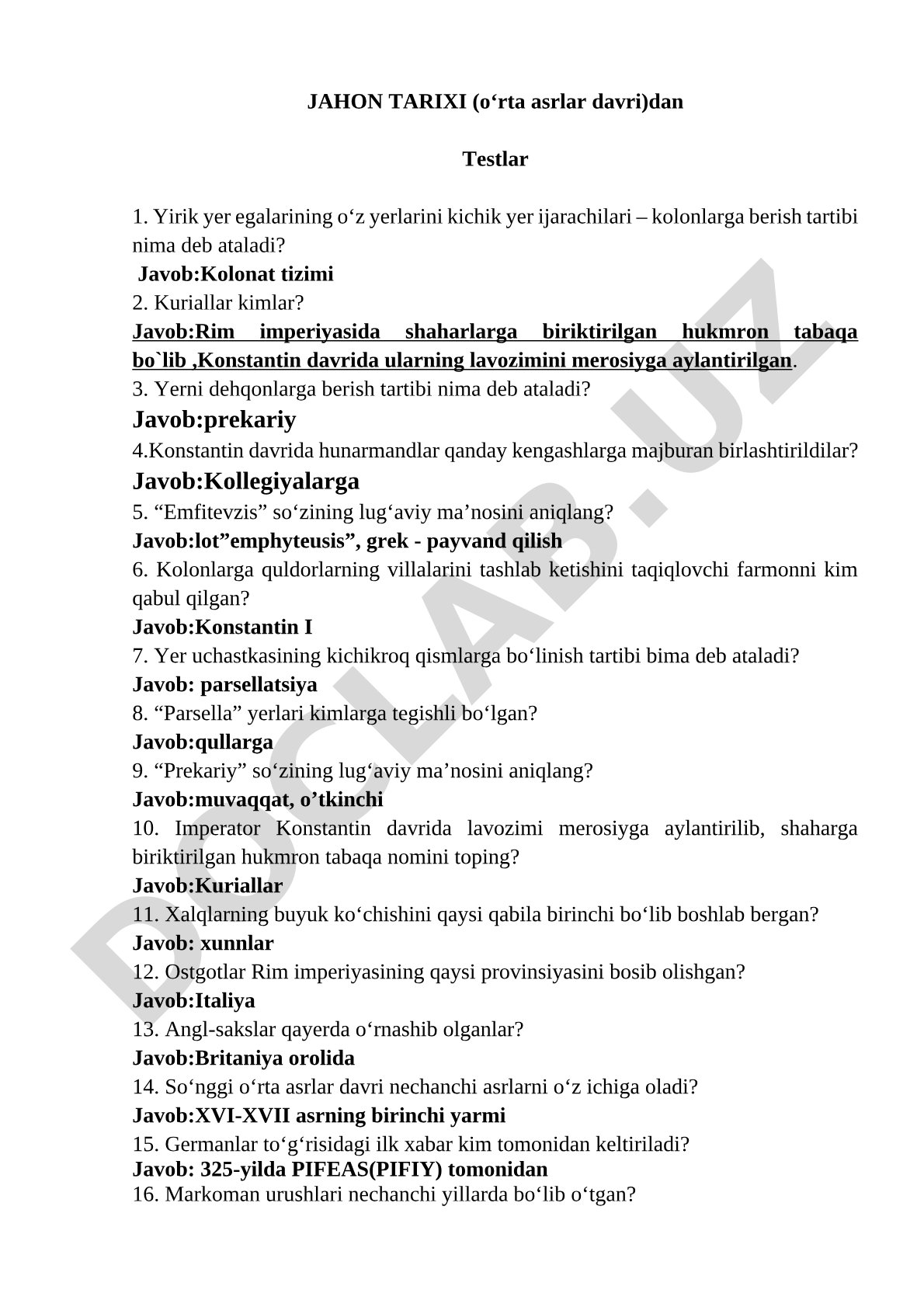 Jahon tarixi (o'rta asrlar davri) testlar