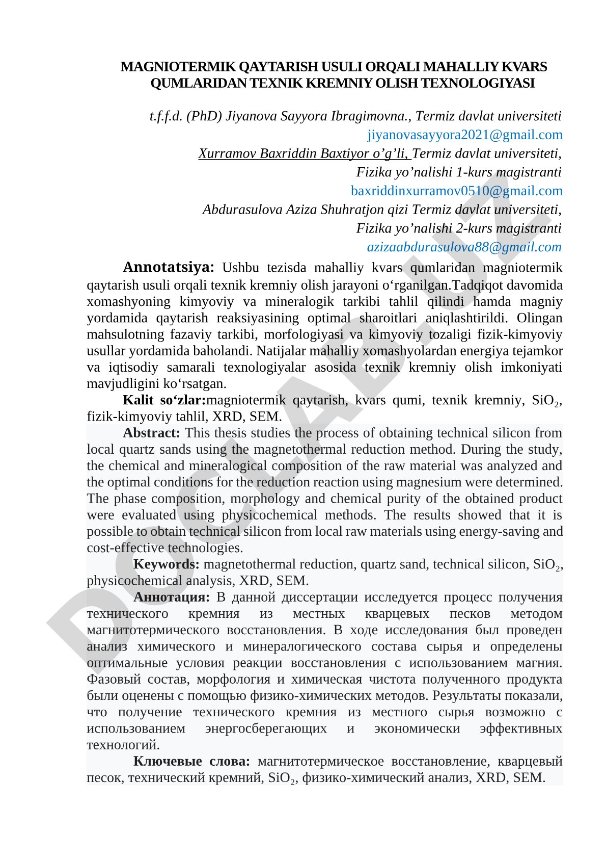 Magniotermik qaytarish usuli orqali mahalliy kvars qumlaridan texnik kremniy olish texnologiyasi