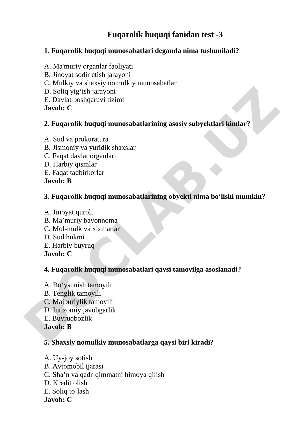 Fuqarolik huquqi fanidan test