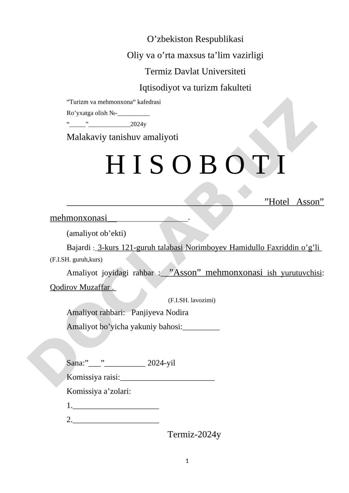 Asson mehmonxonasida malakaviy tanishuv amaliyoti hisoboti