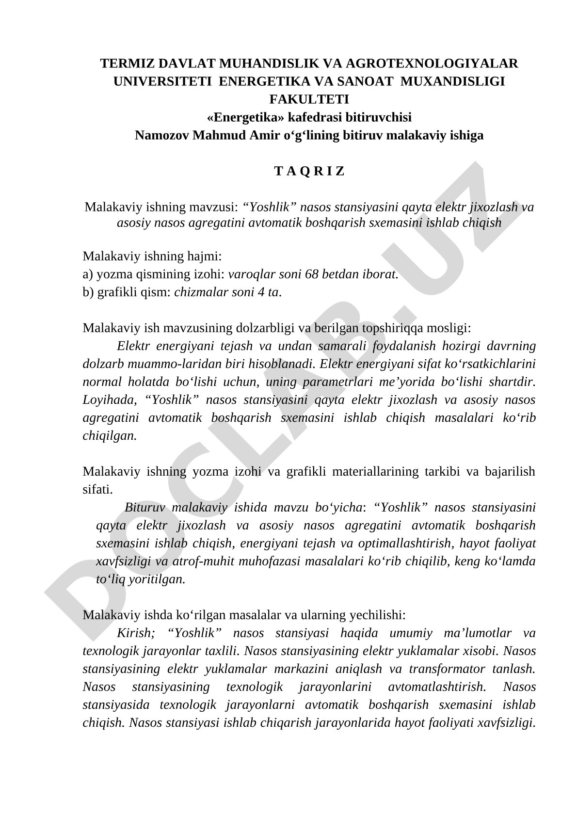 Yoshlik nasos stansiyasini qayta elektr jihozlash va asosiy nasos agregatini avtomatik boshqarish sxemasini ishlab chiqish