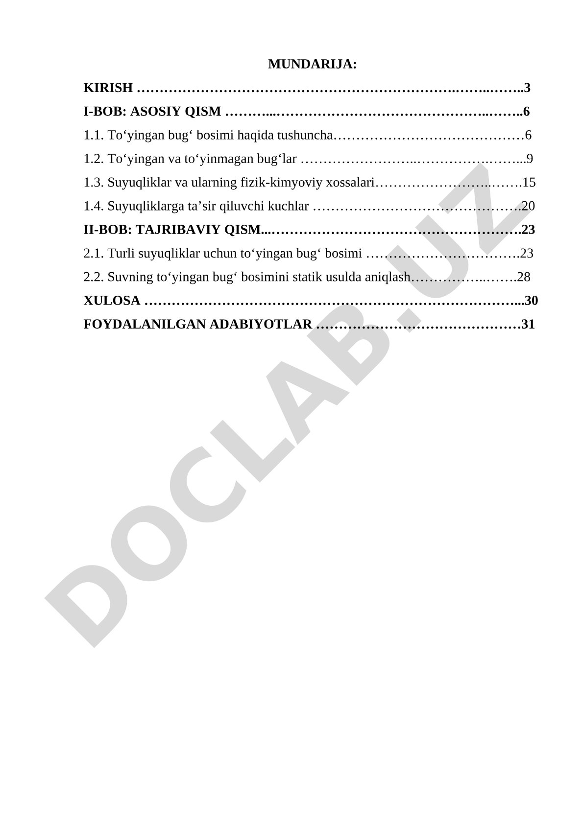To'yingan bug' bosimi va suyuqliklarning fizik-kimyoviy xossalari