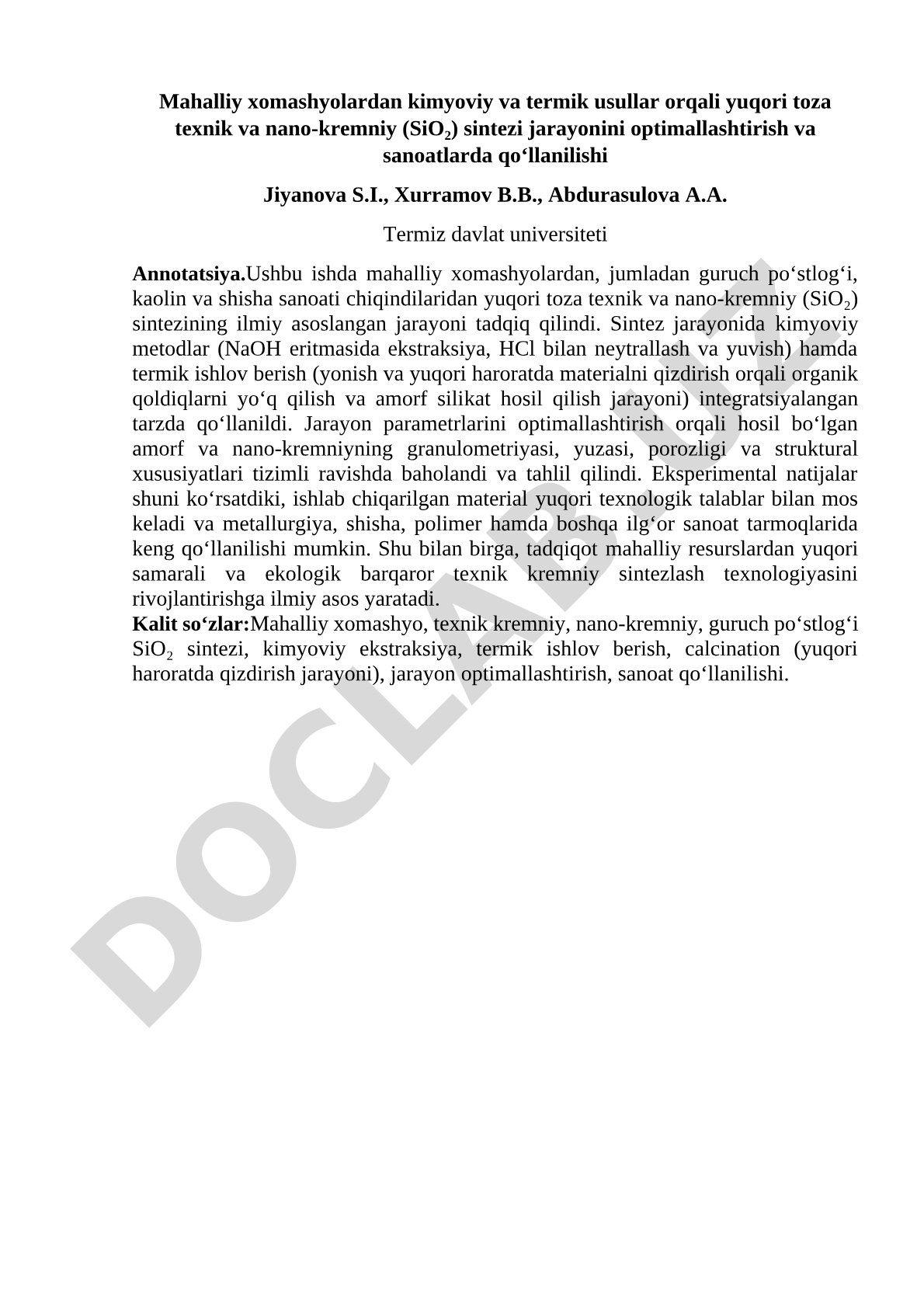Mahalliy xomashyolardan yuqori toza texnik va nano-kremniy (SiO₂) sintezi