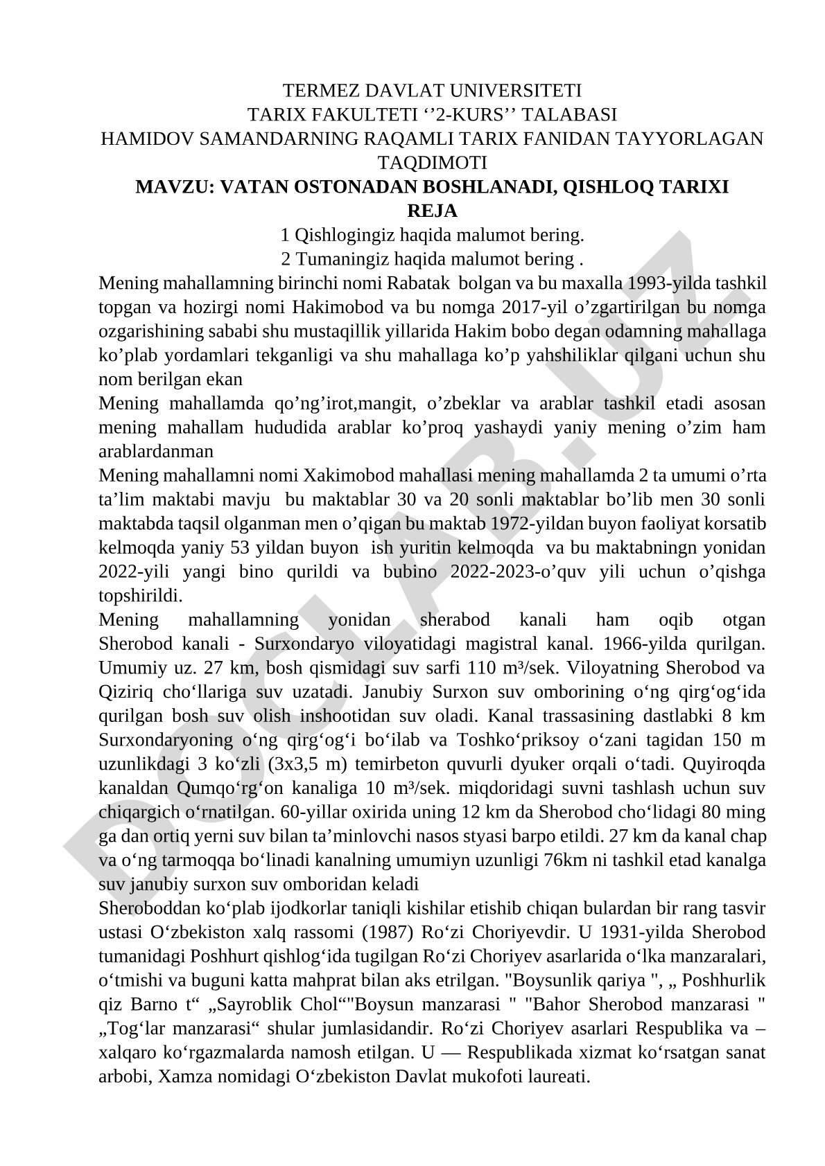 Vatan ostonadan boshlanadi, qishloq tarixi