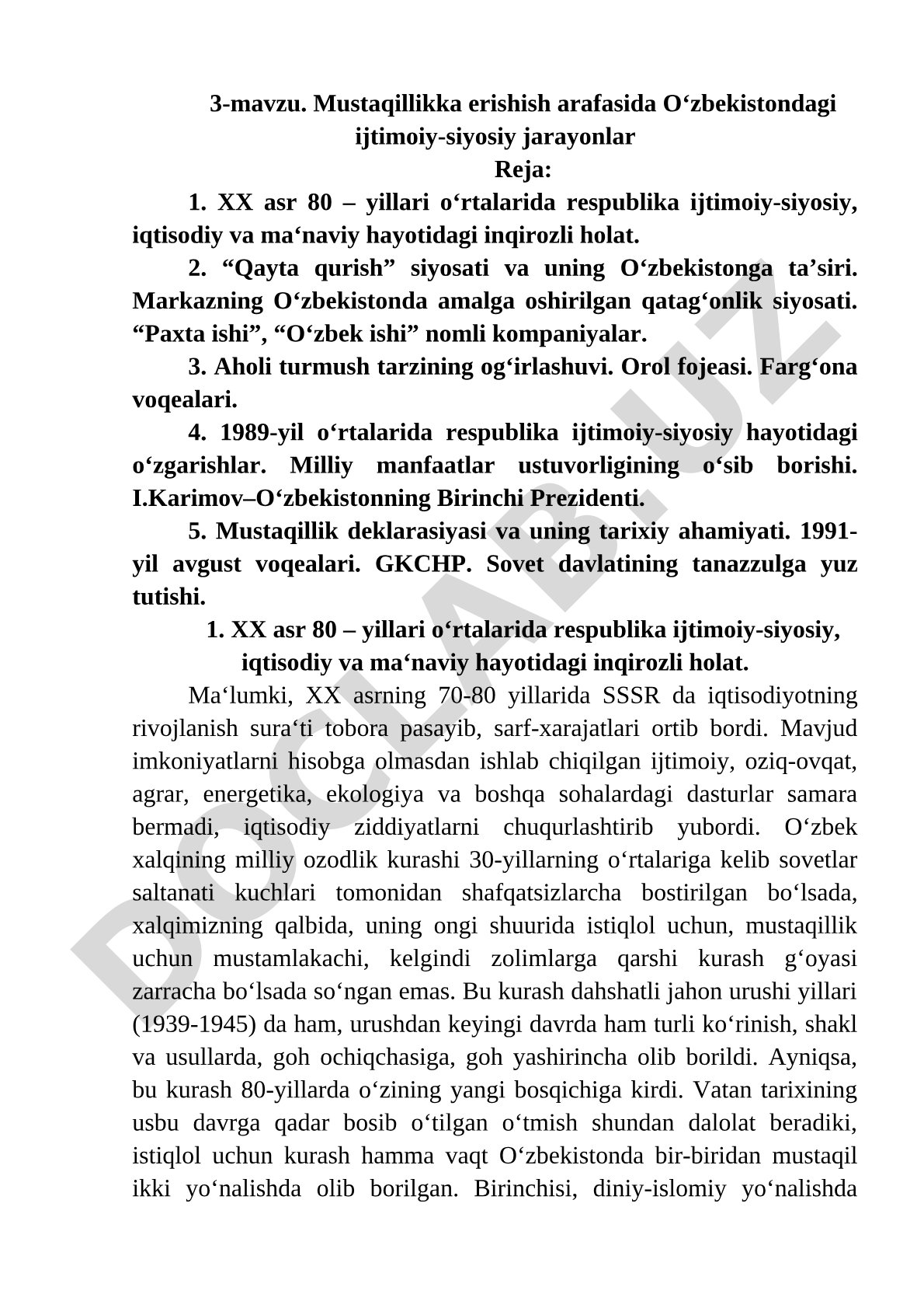 Mustaqillikka erishish arafasida Oʻzbekistondagi ijtimoiy-siyosiy jarayonlar