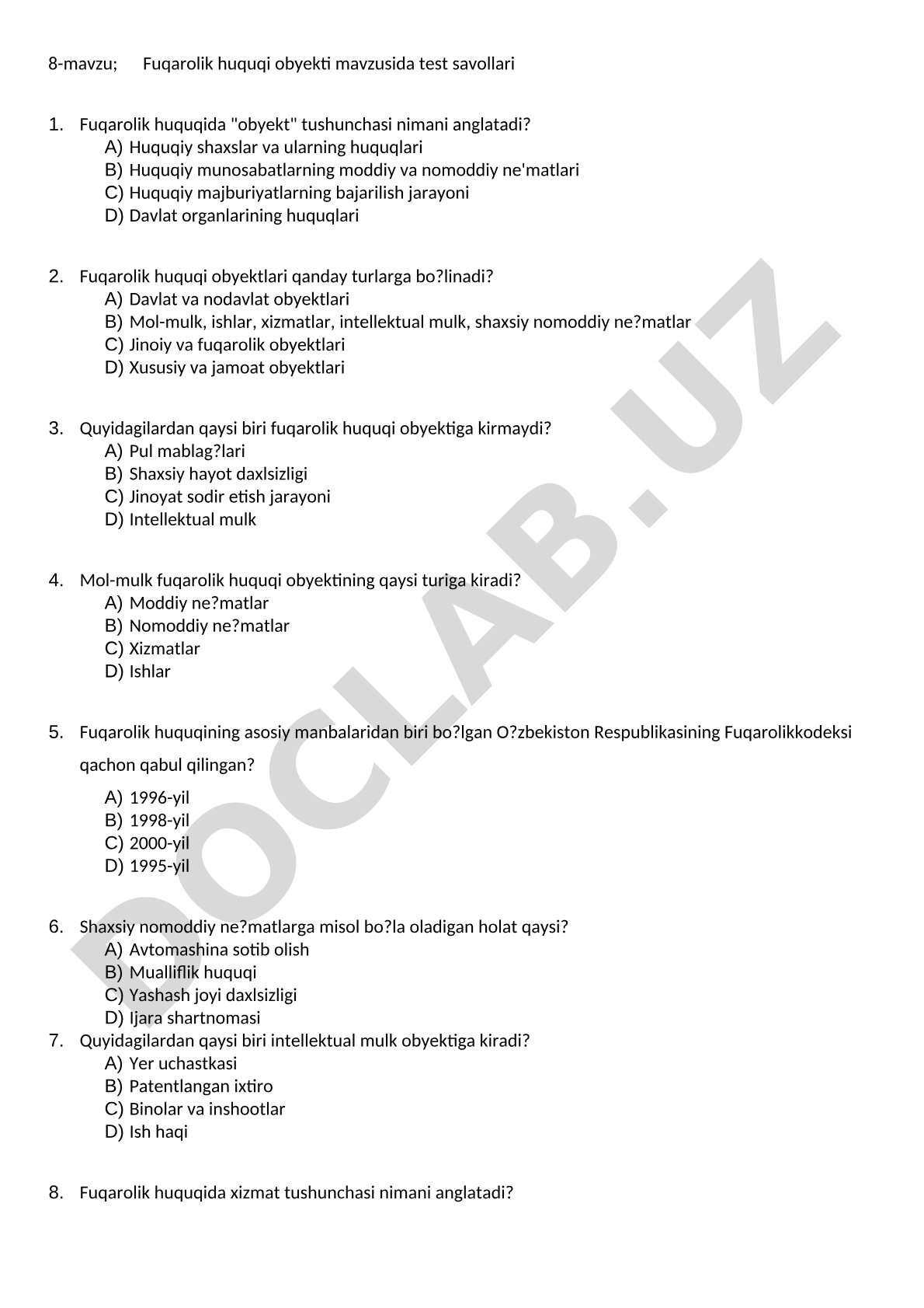 Fuqarolik huquqi obyekti mavzusida test savollari