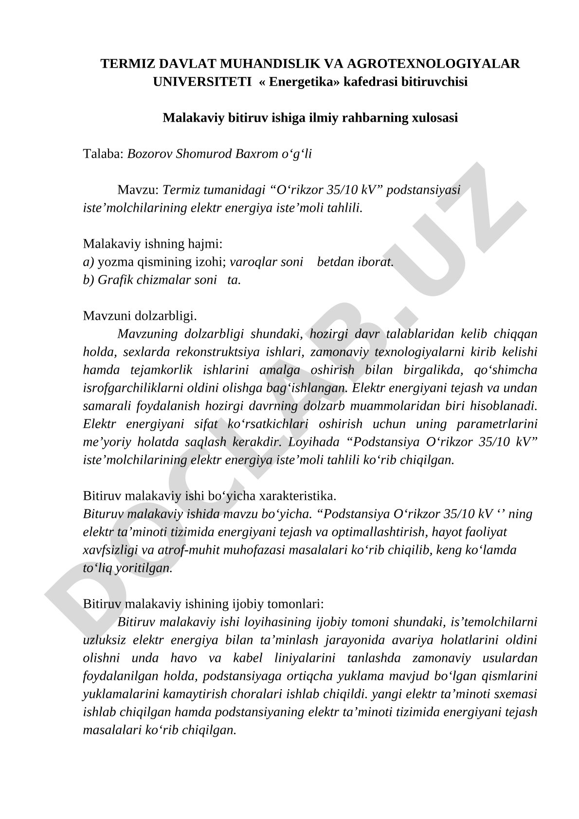 Termiz tumanidagi “O‘rikzor 35/10 kV” podstansiyasi iste’molchilarining elektr energiya iste’moli tahlili