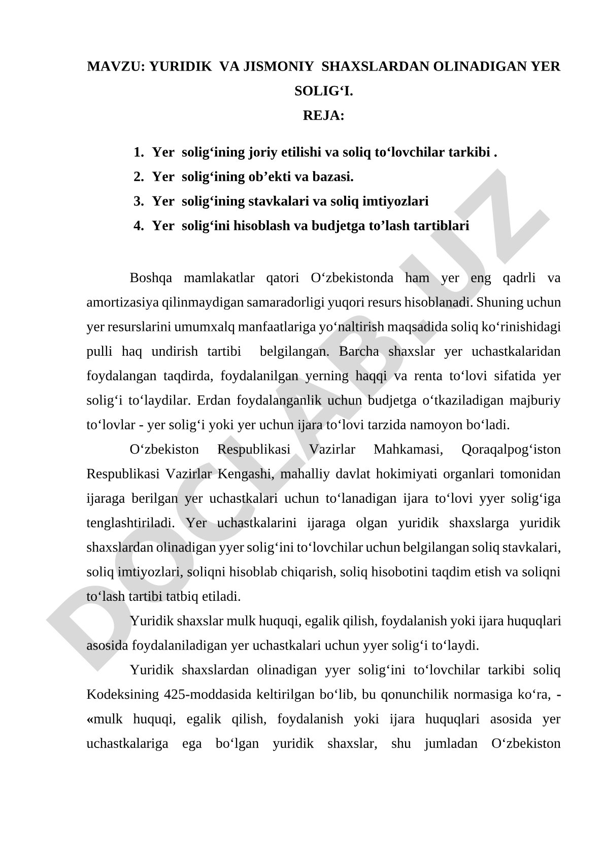 Yuridik va jismoniy shaxslardan olinadigan yer solig'i