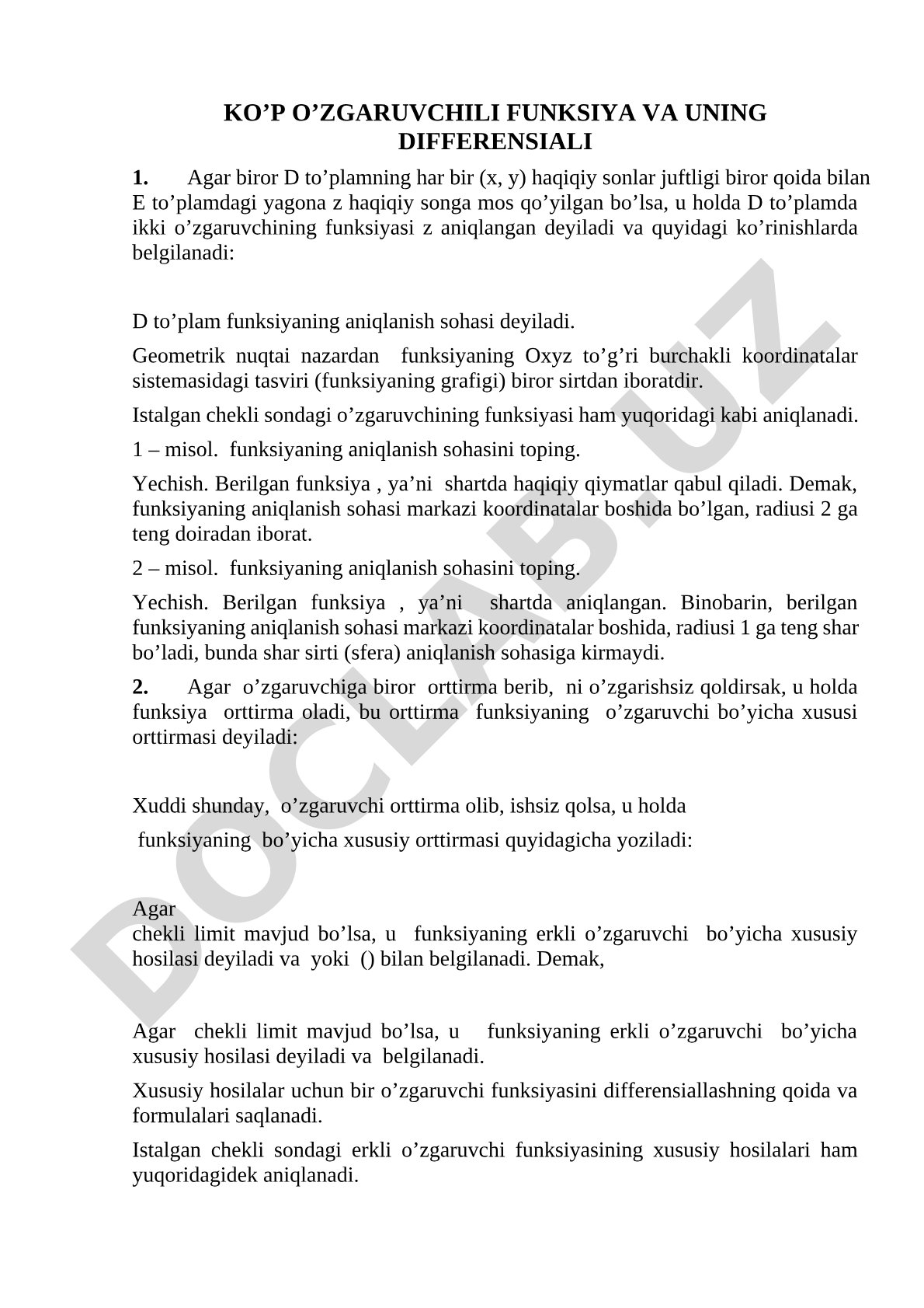 Ko'p o'zgaruvchili funksiya va uning differensiali