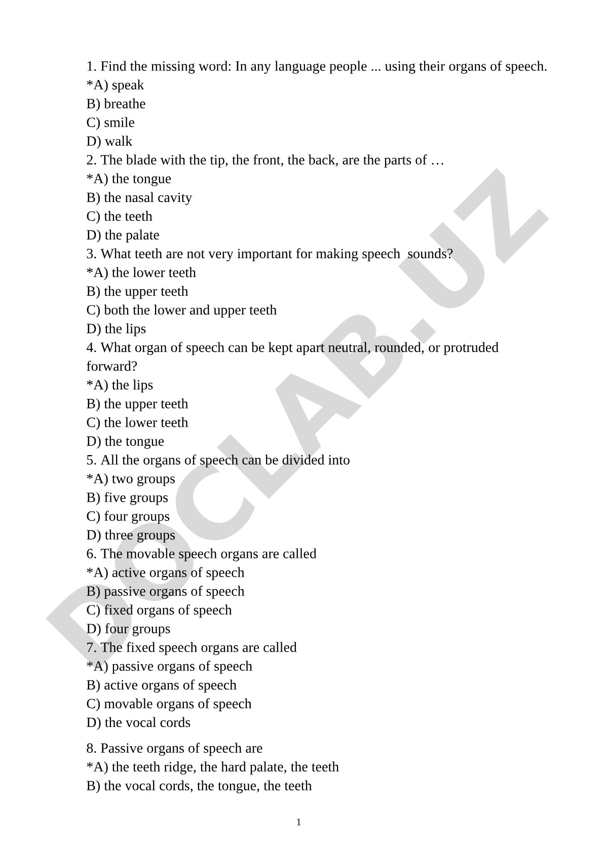 Organs of speech quiz questions