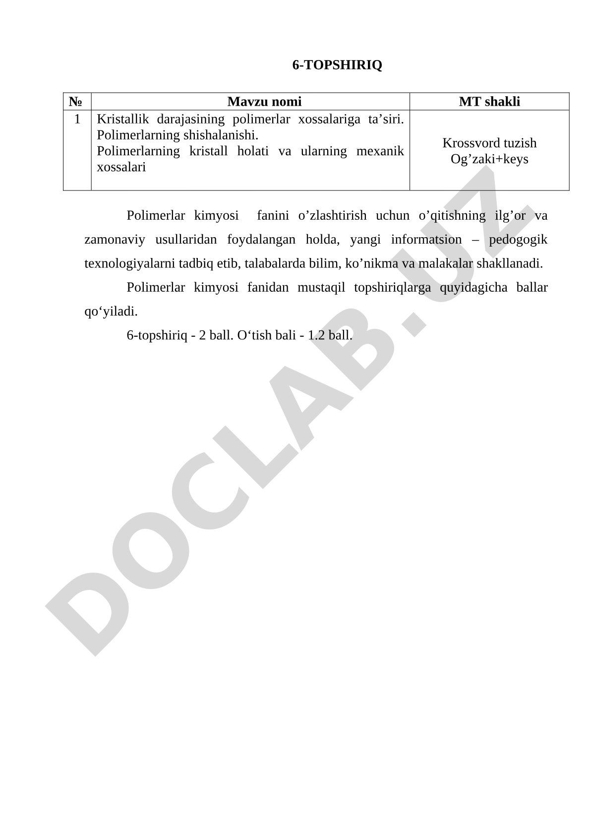 Kristallik darajasining polimerlar xossalariga ta’siri