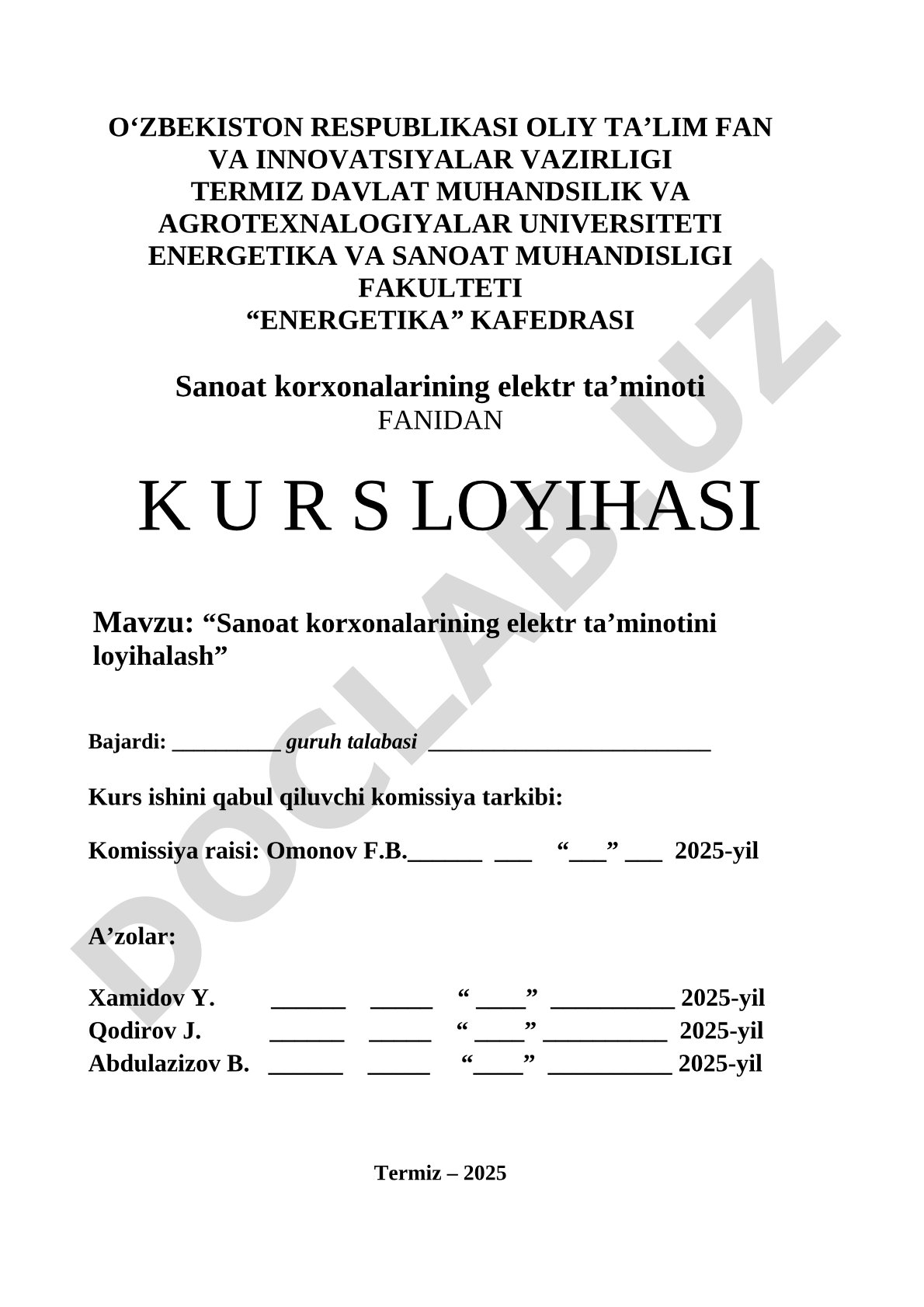Sanoat korxonalarining elektr ta'minotini loyihalash