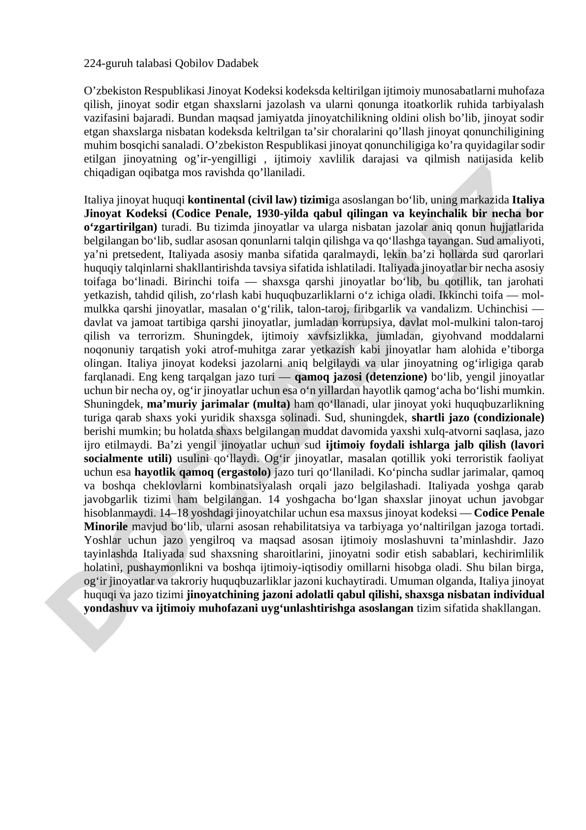 O'zbekiston va Italiya jinoyat qonunchiligi qiyosiy tahlili
