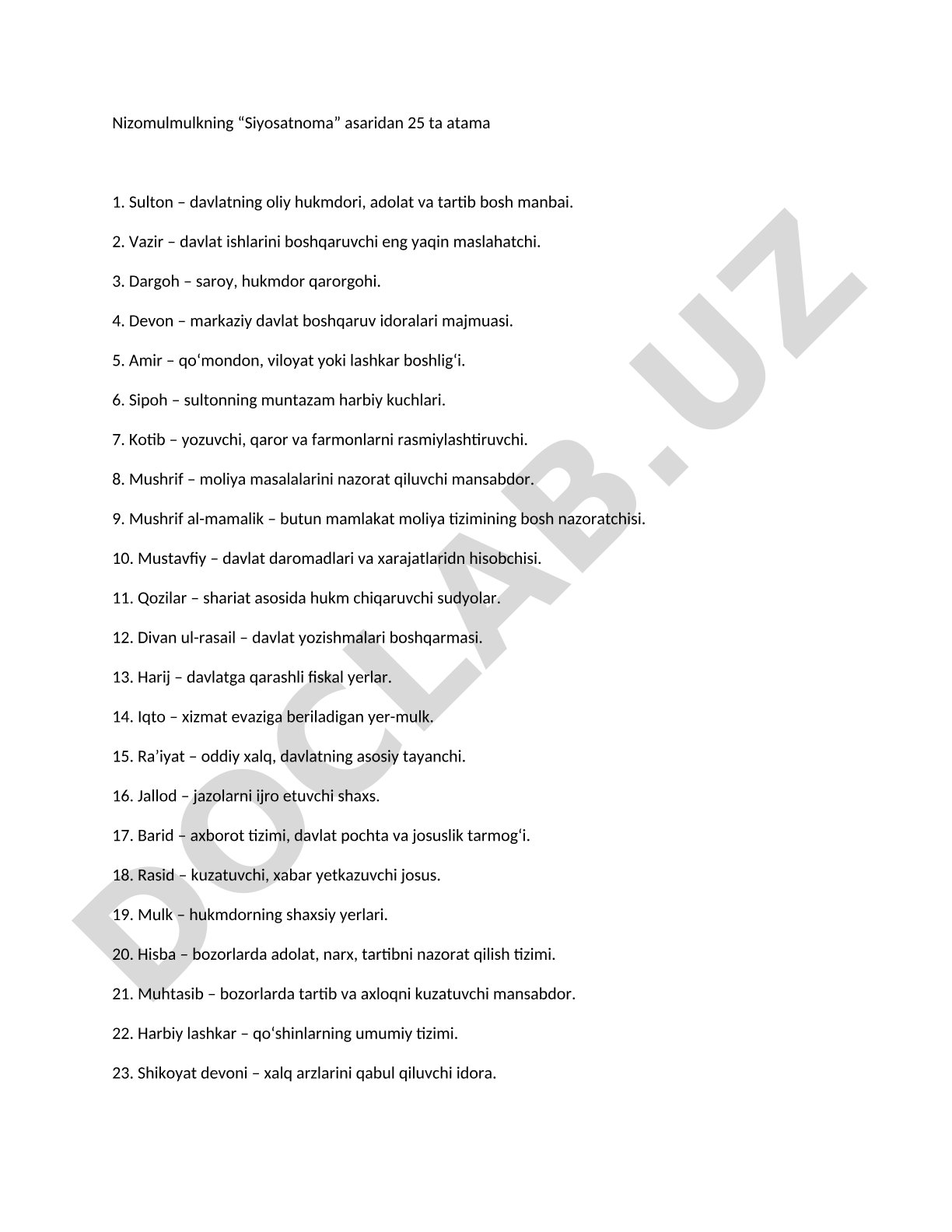 Nizomulmulkning “Siyosatnoma” asaridan 25 ta atama