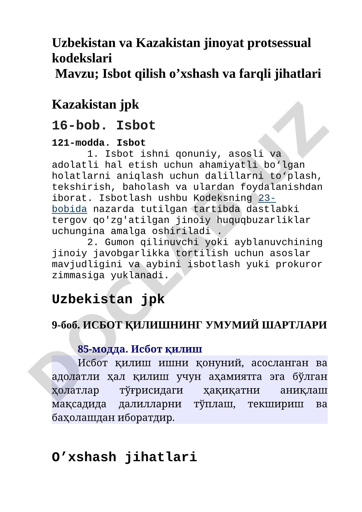 O'zbekiston va Qozog'iston jinoyat protsessual kodekslarida isbot qilishning o'xshash va farqli jihatlari