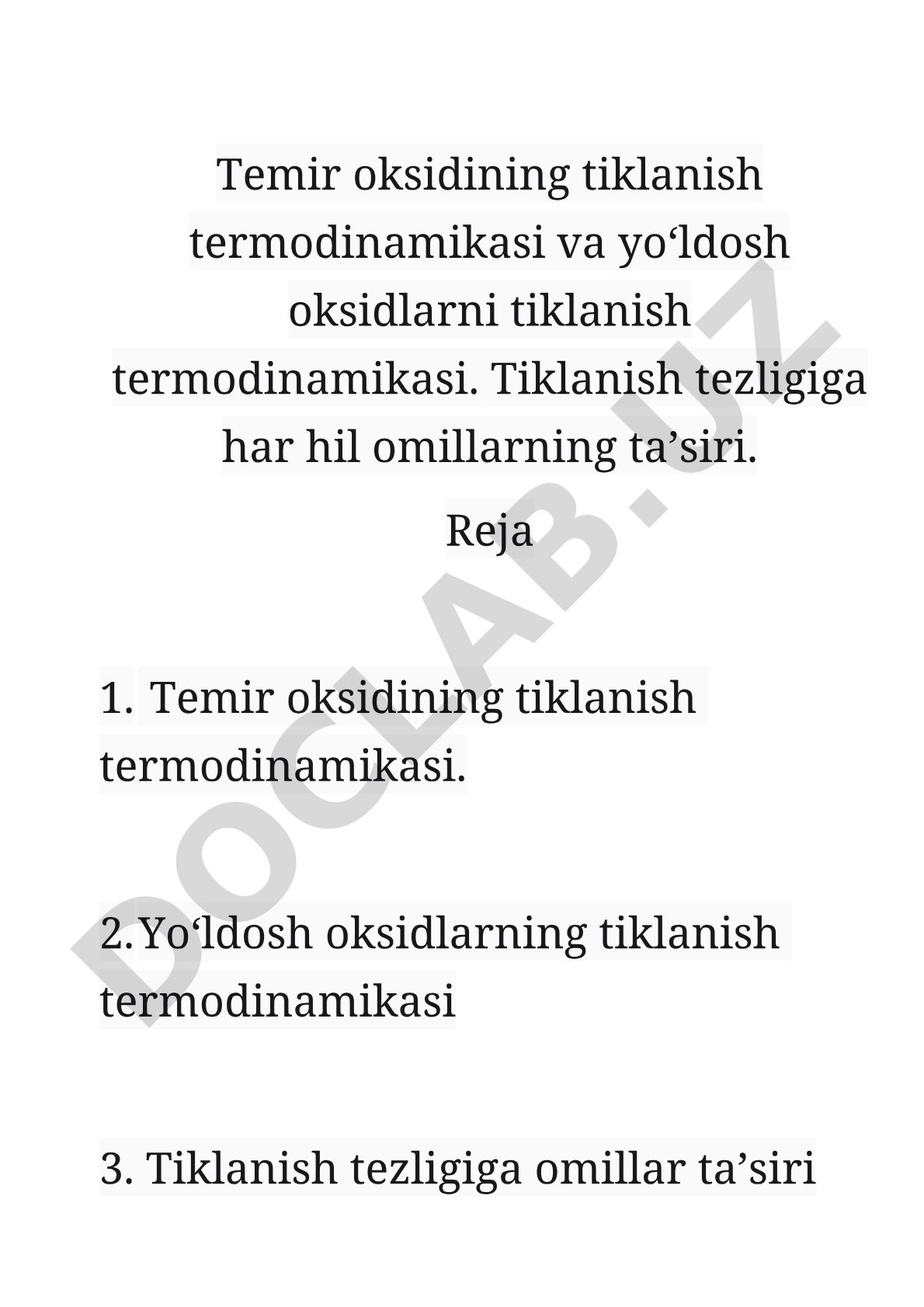 Temir oksidining tiklanish termodinamikasi va yo‘ldosh oksidlarni tiklanish termodinamikasi