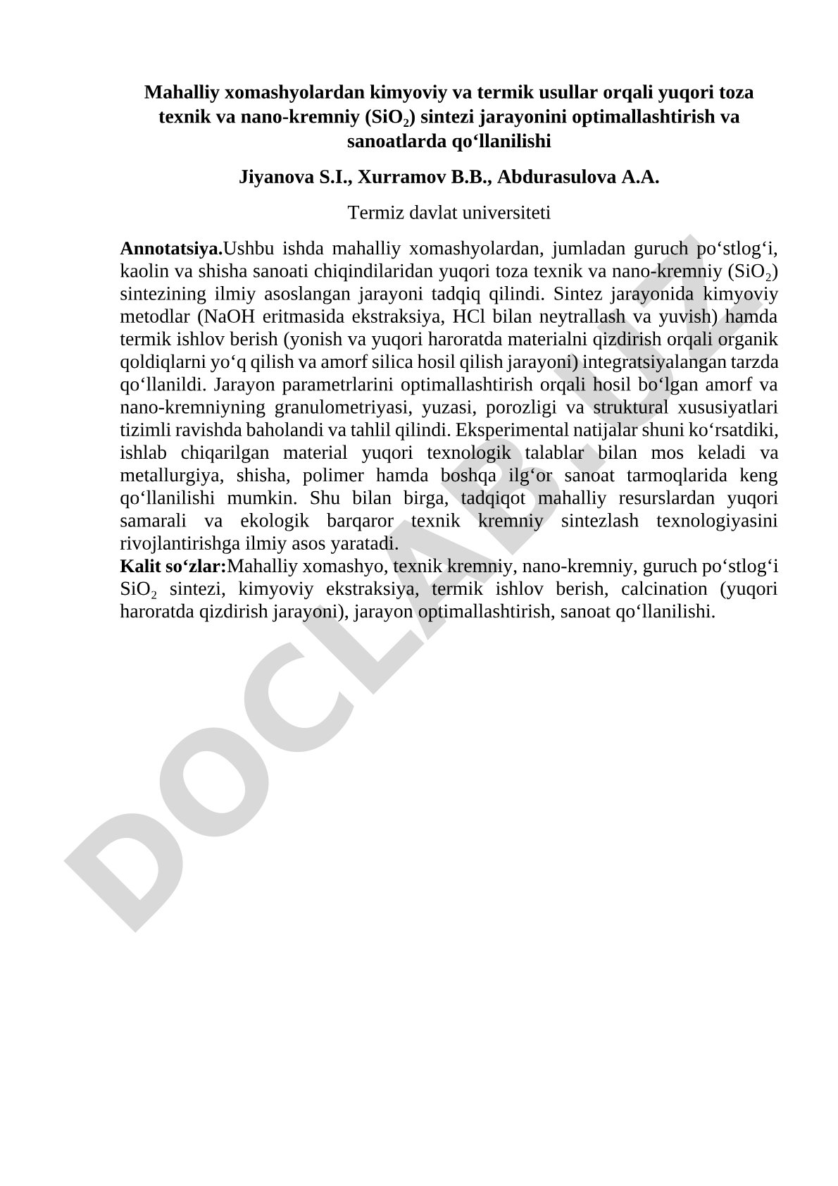Mahalliy xomashyolardan yuqori toza texnik va nano-kremniy (SiO₂) sintezi jarayonini optimallashtirish va sanoatlarda qo‘llanilishi