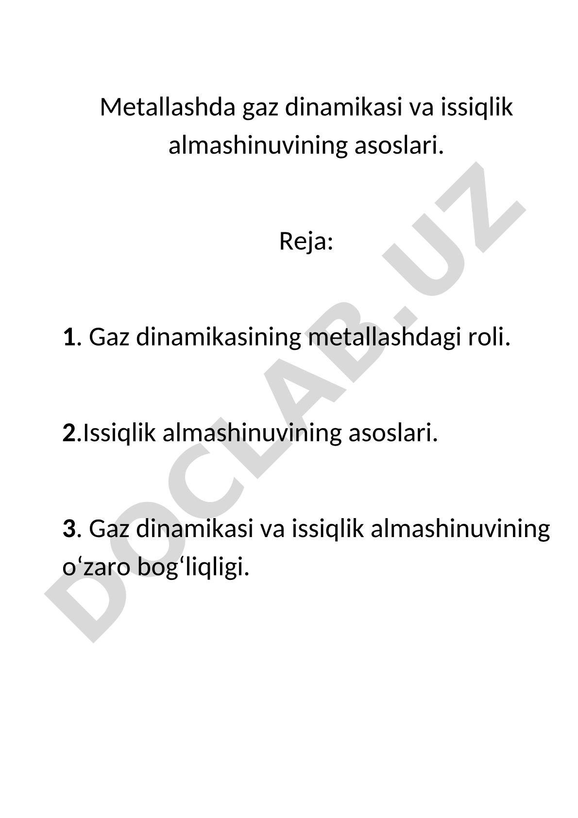 Metallashda gaz dinamikasi va issiqlik almashinuvining asoslari