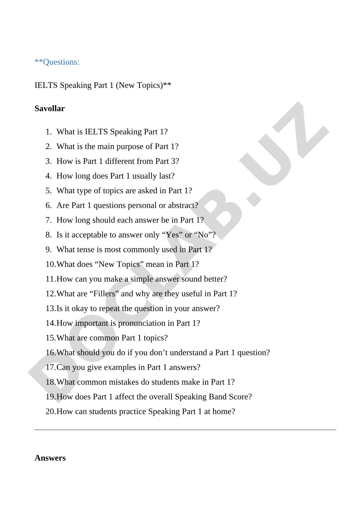 IELTS Speaking Part 1 haqida savol va javoblar