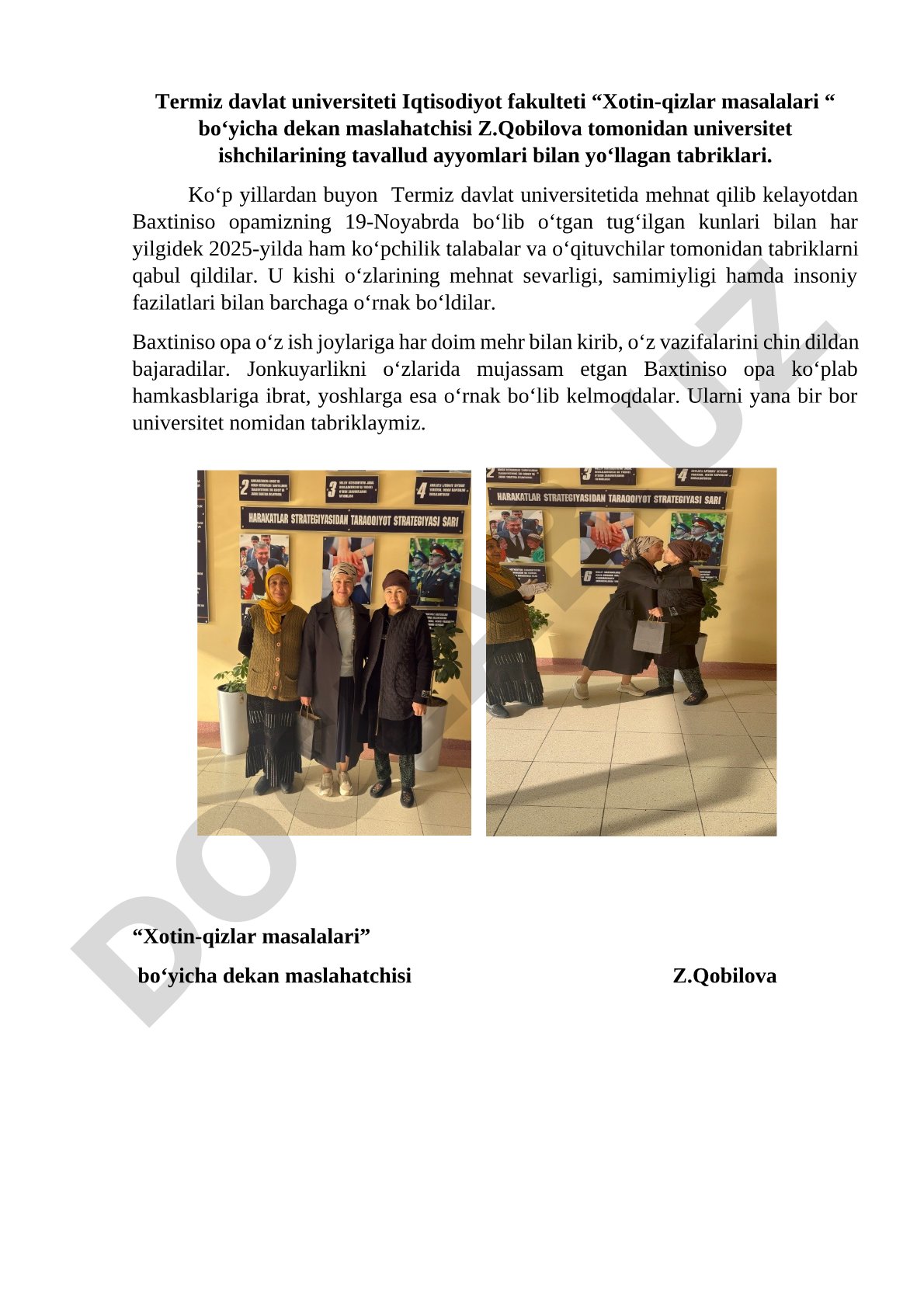 Termiz davlat universiteti xodimining tug'ilgan kuni tabrigi