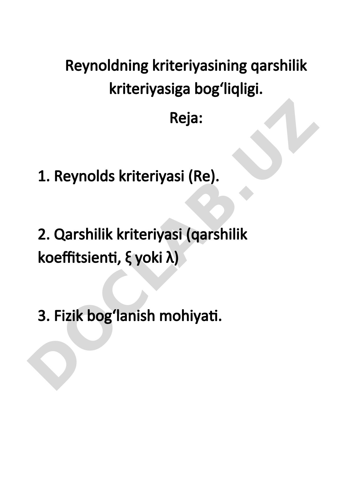 Reynoldson kriteriyasining qarshilik kriteriyasiga bog'liqligi