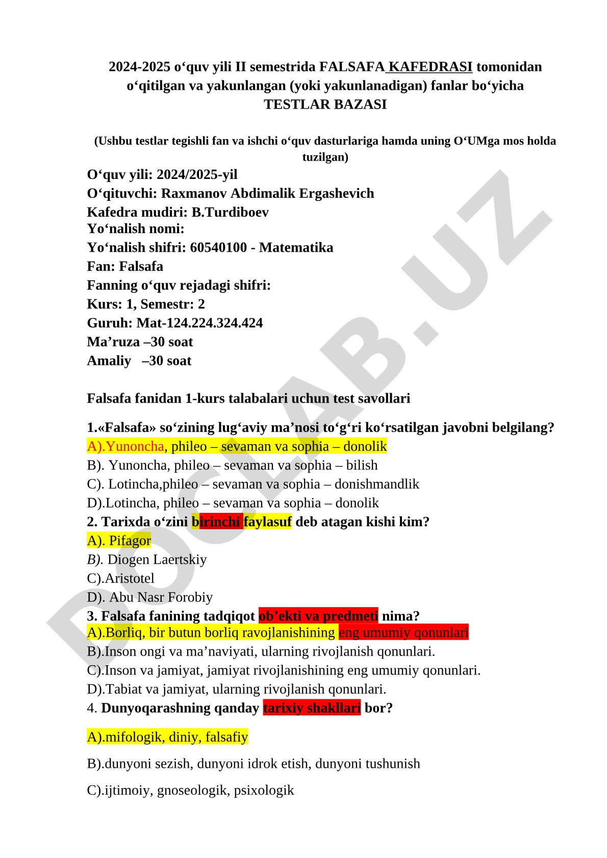 Falsafa fanidan testlar bazasi