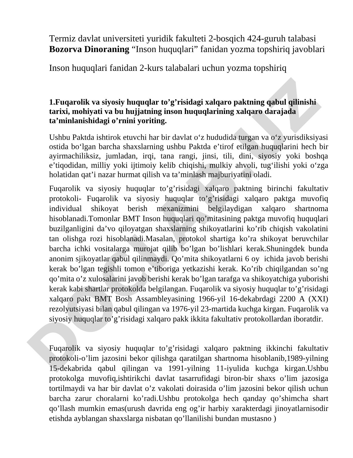 Inson huquqlari fanidan yozma topshiriq javoblari