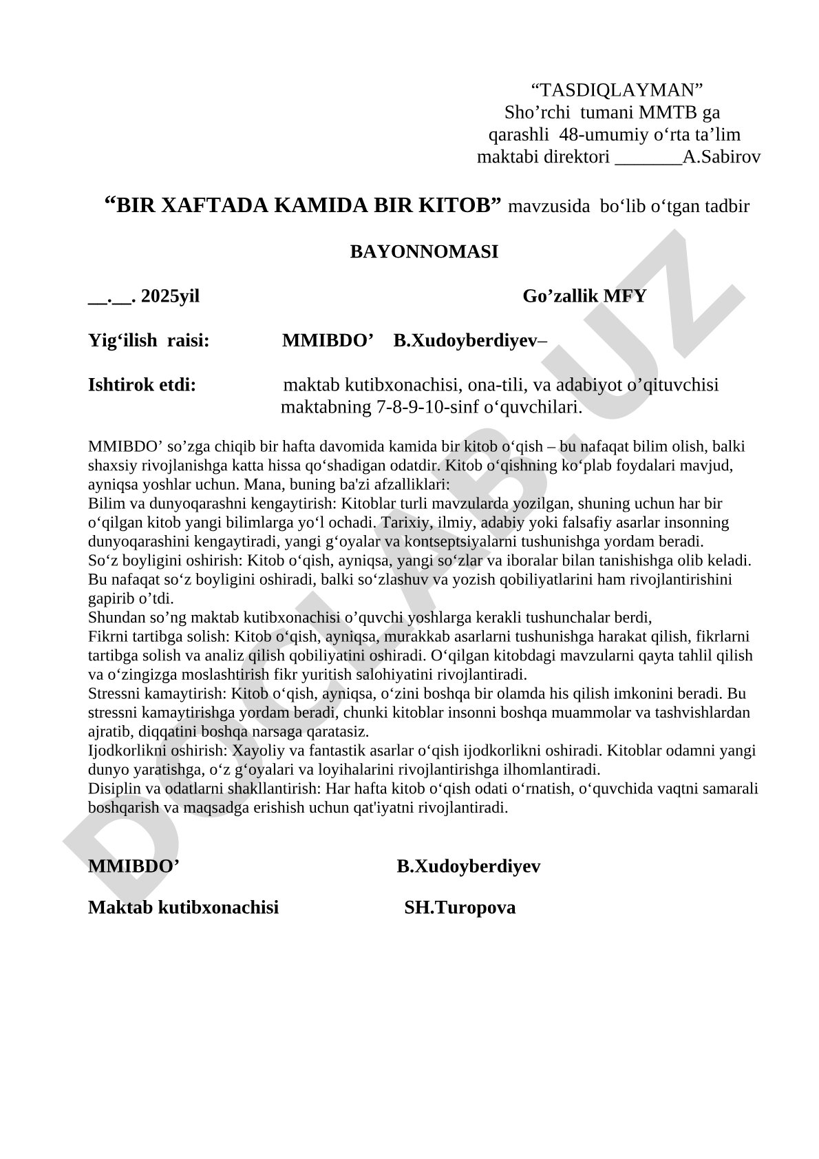 Bir haftada kamida bir kitob tadbiri bayonnomasi